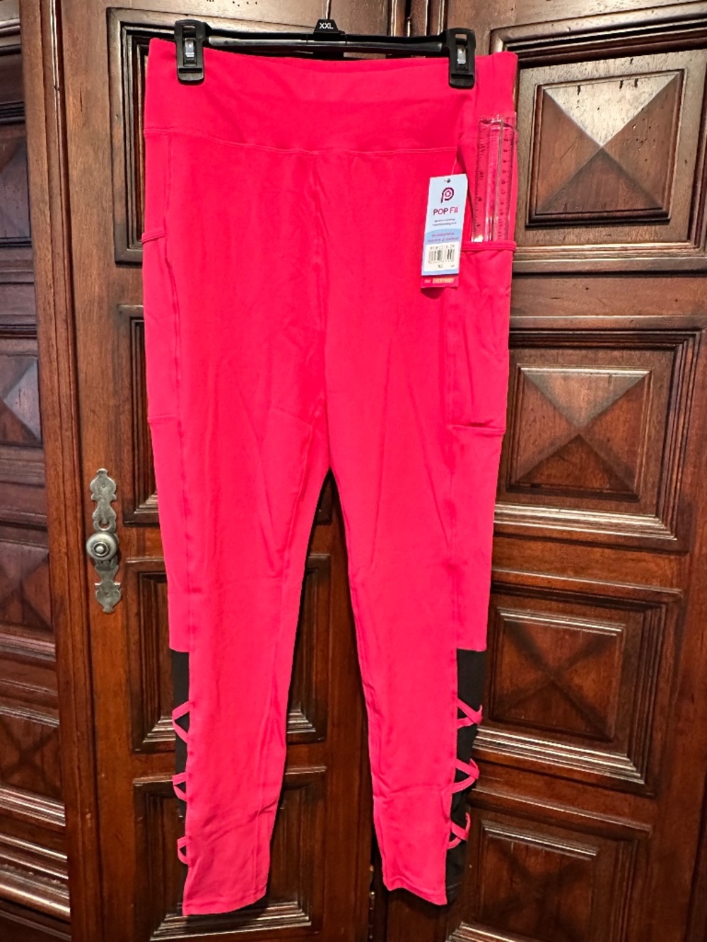 XL Women's POP FIT STELLA Pockets Pink & Black Leggings mesh criss cross leg